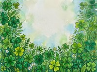 Watercolor green clover and shamrock frame with copy space, soft floral border for Saint Patricks Day greeting cards and spring designs.