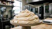 Creamy peanut butter swirl stacked high on wooden cake stand in professional kitchen with appliances and shelving visible in background.