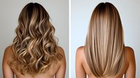 Long blonde balayage hair from back view showing two styles: wavy textured curls and straight sleek finish on light neutral background. Professional salon result.