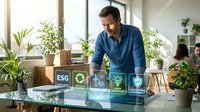 Professional businessman analyzing ESG environmental social governance metrics with digital icons in modern sustainable office workspace with plants.