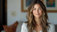Young Caucasian woman with long wavy brown hair and natural makeup wearing white lace dress smiles warmly at camera in soft window light, home interior setting.