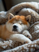 Sleeping Shiba Inu puppy wrapped in soft beige blanket showing peaceful expression, curled up in cozy position for pet care and lifestyle content.
