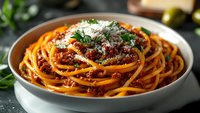 Traditional spaghetti pasta with rich meat bolognese sauce garnished with fresh parsley and grated parmesan cheese served in gray ceramic bowl on dark surface.