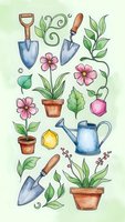 Watercolor gardening tools and plants collection with shovels, watering can, potted flowers, leaves and decorative elements for spring garden design projects.