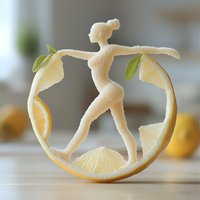 Creative food art composition featuring a silhouette figure carved from citrus peel balanced within a lemon slice circle, garnished with fresh leaves on light background.