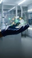 Hand wearing dark glove holding glowing digital network with molecular structure and financial charts in modern laboratory setting for technology and innovation concepts.