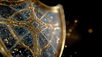 Golden neural network pathways with glowing nodes and connections creating intricate web patterns against dark background with bokeh light effects.