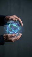 Elderly hands protecting glowing holographic energy sphere with swirling blue and green light effects on dark background for technology concepts.