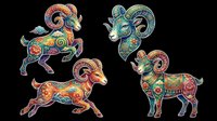 Colorful ornate ram clipart set with floral folk art patterns, isolated on transparent background, ready for stickers, t-shirt design, and print on demand use.