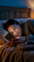 Woman with dark hair and medium skin tone lying in bed at night wearing a cozy sweater, holding a smartphone with warm golden light illuminating her face against blue evening ambiance.