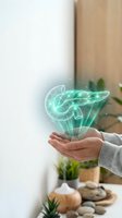 Holographic pancreas organ floating above open palm with glowing digital effects for medical technology and healthcare innovation concepts.