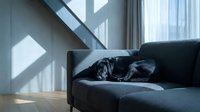Modern minimalist living room with dark sofa, geometric sunlight patterns on gray wall, and sheer curtains, suitable for interior design and home decor projects.