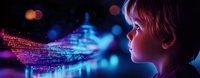 Young boy gazing at glowing digital data stream visualization with purple and blue lights, side profile view against dark background with bokeh effect.