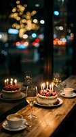 Birthday cakes with lit candles and fresh berries on rustic wooden table in cozy cafe at night with bokeh city lights.