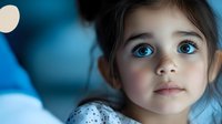 Close up portrait of young Caucasian girl with striking bright blue eyes and innocent expression against blurred blue background with soft bokeh lights.