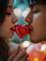 Young couple sharing heart-shaped lollipop in romantic moment with bokeh lights background for Valentine's Day celebration and love concepts.