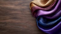 Smooth flowing strands of multicolored hair in blonde, purple and blue tones against dark wooden background, showcasing hair coloring and styling techniques.
