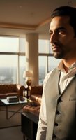 Middle Eastern male professional in casual business attire gazing out floor-to-ceiling windows in modern high-rise office, suitable for corporate, lifestyle, and business concepts.