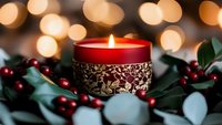 Red candle with ornate golden holder surrounded by holly berries and leaves against blurred warm bokeh lights creating cozy holiday atmosphere.