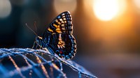 Vibrant blue and orange butterfly resting on frost-covered branch at sunrise, with soft bokeh background creating dreamy natural macro photography effect.
