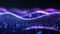 Glowing abstract waves with sparkling particles in dark blue and purple colors create magical atmosphere. Futuristic digital background for technology designs.