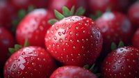 Fresh ripe strawberries with water drops close up macro shot. Natural organic berries with green leaves and morning dew in soft light background.