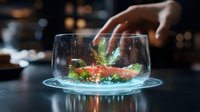 Futuristic holographic projection of gourmet salmon dish with fresh herbs and garnish on elegant glass plate, glowing blue light effect creates magical dining atmosphere.