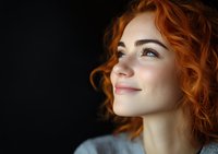 Young woman with natural red curly hair and gentle smile looking up dreamily against dark background, side profile portrait showing radiant optimistic expression.