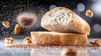 Fresh sliced white bread floating in air with flour dust and walnuts against dark background with bokeh lights, dynamic food photography composition.