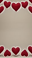 Red fabric hearts with white lace trim arranged as decorative border frame on neutral beige background for Valentine's Day cards and romantic designs.