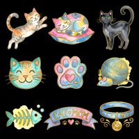 Playful cat illustrations including jumping tabby, UFO cat, black cat, smiling face, paw print, yarn ball, fish skeleton, cat mom banner, and collar charm. Isolated on transparent background, ready for t-shirts, stickers, clipart, sublimation, and print-on-demand designs.