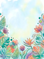 Watercolor tropical floral border with monstera leaves, exotic flowers, and pastel tones, featuring copy space for text or design use.
