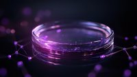 Glowing purple petri dish with luminescent particles and connecting lines against dark background creates futuristic scientific atmosphere for biotechnology concepts.