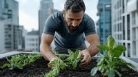 Middle Eastern man with beard tends to urban rooftop garden, planting vegetables and herbs among city buildings, demonstrating sustainable living and urban agriculture.