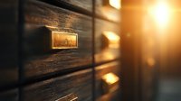 Vintage wooden filing cabinet drawers with brass label holders in warm sunlight, creating nostalgic atmosphere for office and organization concepts.