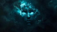 Mysterious ethereal face emerging from dark turquoise clouds and cosmic particles, creating supernatural atmosphere for fantasy and spiritual designs.