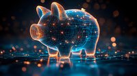Glowing digital wireframe piggy bank with network connections on dark background with bokeh lights, representing financial technology and digital banking.
