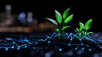 Green seedlings growing from soil with glowing blue financial chart line, representing sustainable investment growth and environmental business development.