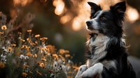 Border collie dog sitting among wildflowers during golden hour sunset with warm bokeh lights creating magical outdoor portrait for pet photography.