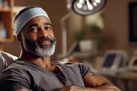 Confident mature African American male surgeon with gray beard smiling in medical office, wearing scrub cap and surgical attire during break between operations.
