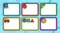 Colorful educational template with six isolated frames featuring school icons like apple, pencil, shapes, and sun. Perfect for classroom materials, worksheets, and learning designs.