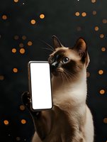 Siamese cat holding smartphone with blank screen against dark background with golden bokeh lights for technology and pet advertising concepts.