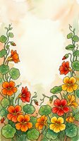 Watercolor floral frame with orange and yellow nasturtium flowers and green leaves, copy space in center for text or design use.