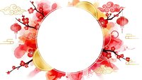 Festive Asian New Year frame with red lanterns, cherry blossoms, golden elements and traditional ornaments on white background for celebration designs.