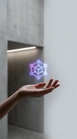 Hand holding glowing purple blockchain cube hologram in modern interior representing cryptocurrency, digital technology and futuristic innovation concepts.