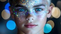 Young woman with bright blue eyes and artistic glitter makeup on face against blurred bokeh lights background, showcasing creative beauty and fashion styling.