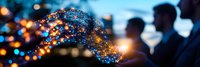 Magical glowing blue particles floating in night air with blurred silhouettes of people in background creating dreamy atmospheric scene with bokeh lights.