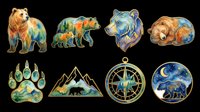 Colorful bear illustrations with nature elements isolated on transparent background, ready for t-shirt design, clipart, stickers, sublimation and print-on-demand products.