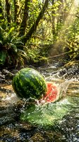 Fresh watermelon splashing in natural forest stream with sunlight filtering through green foliage creating refreshing summer scene for healthy lifestyle concepts.