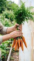 Fresh organic carrots with green leafy tops held in hands of mature adult farmer in garden setting, showcasing homegrown produce and sustainable agriculture practices.